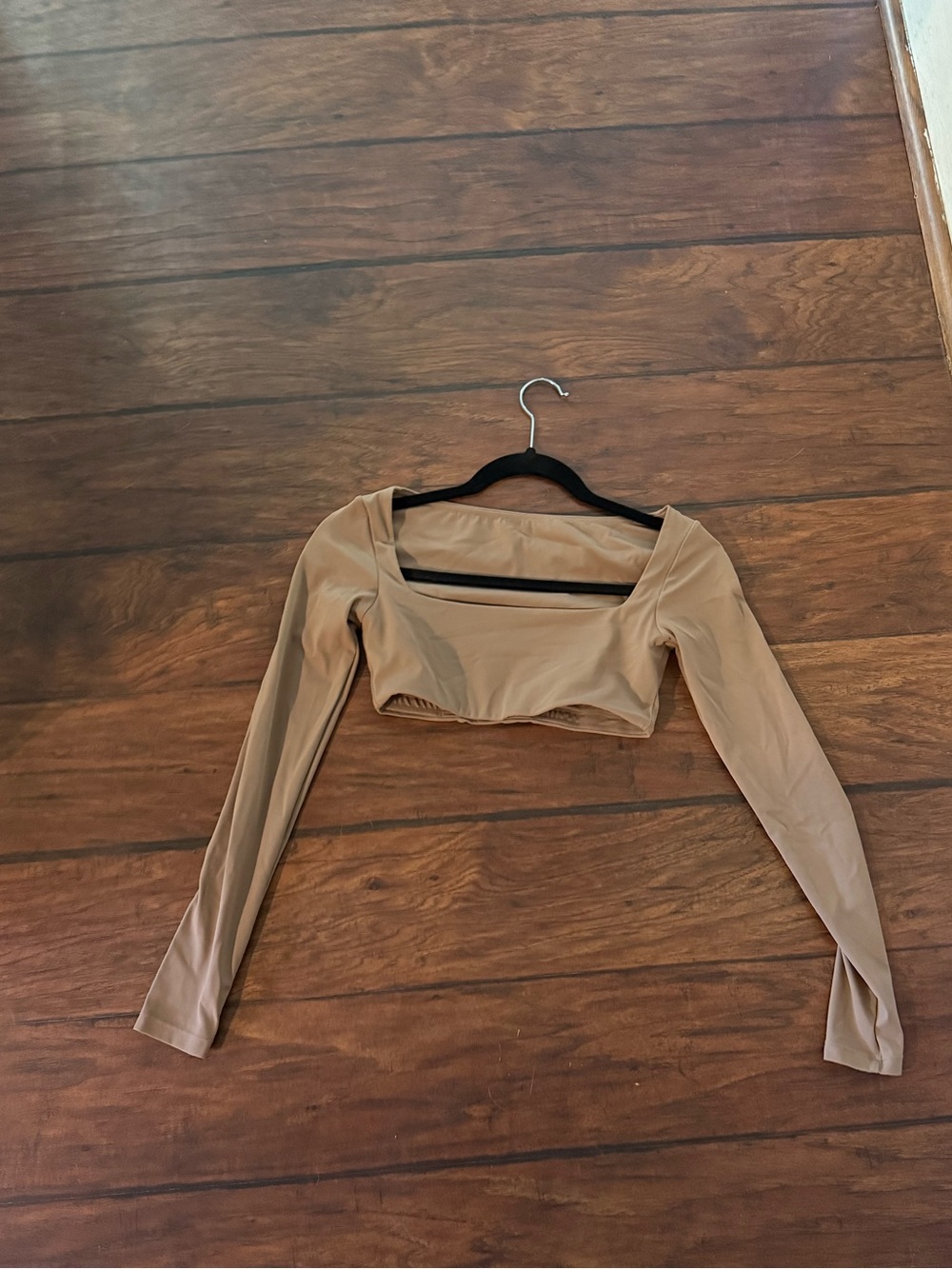 Square Neck Long Sleeve Crop Top in Camel